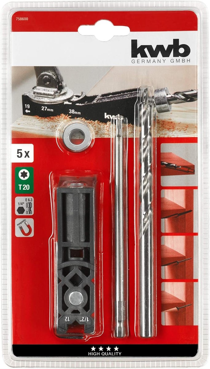 kwb pocketgatboorsjabloon/boormal incl. 9 mm boor, diepteaanslag en TX-20 boor 150 mm, 122 - 38 plaatdiktes