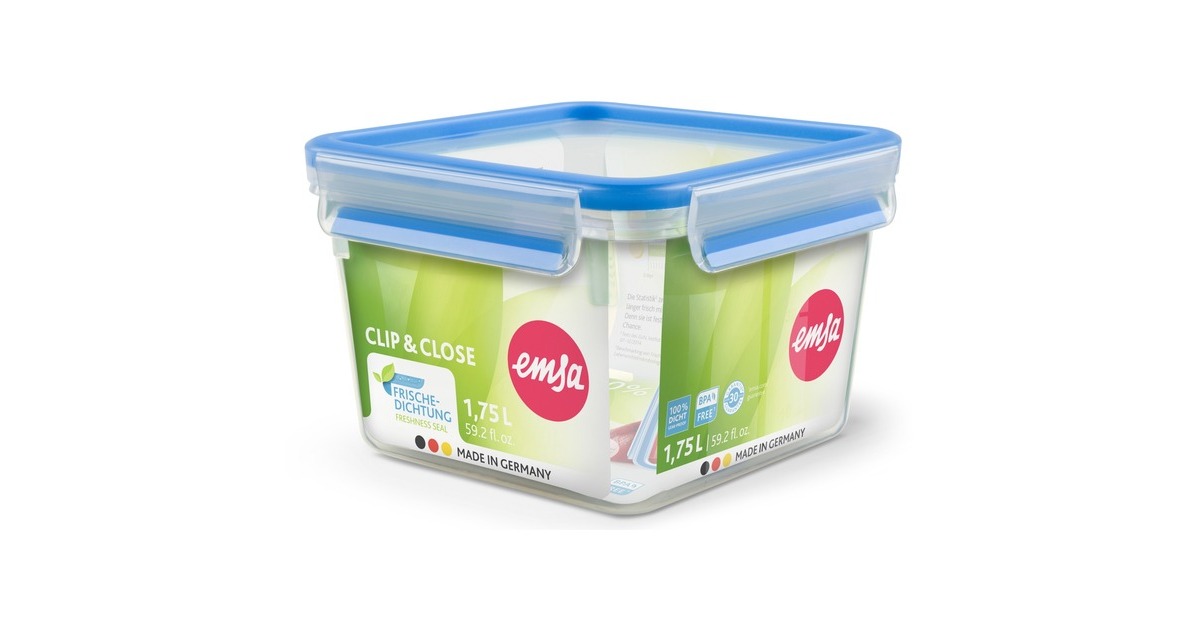 EmsaClip & Close vershoudbakje, 1,75 L doos  (Transparant/blauw, vierkant)