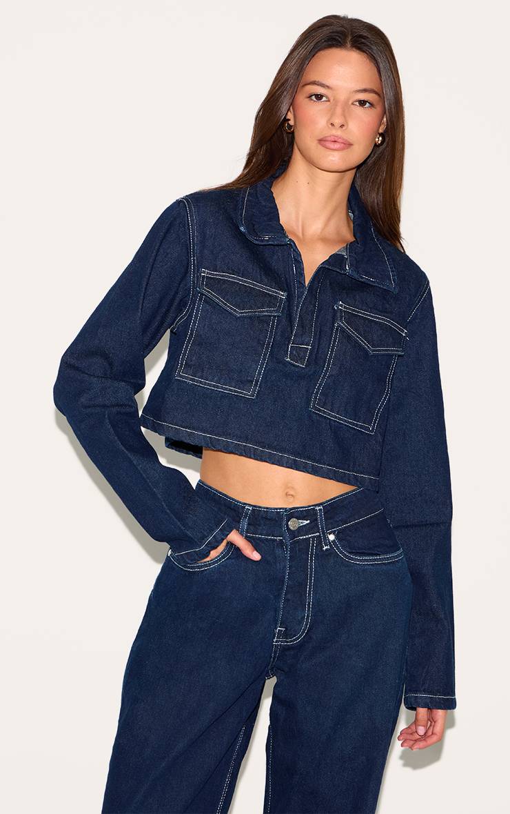 Bleu Indigo Chemise En Jean Courte À Détails De Coutures Contrastées