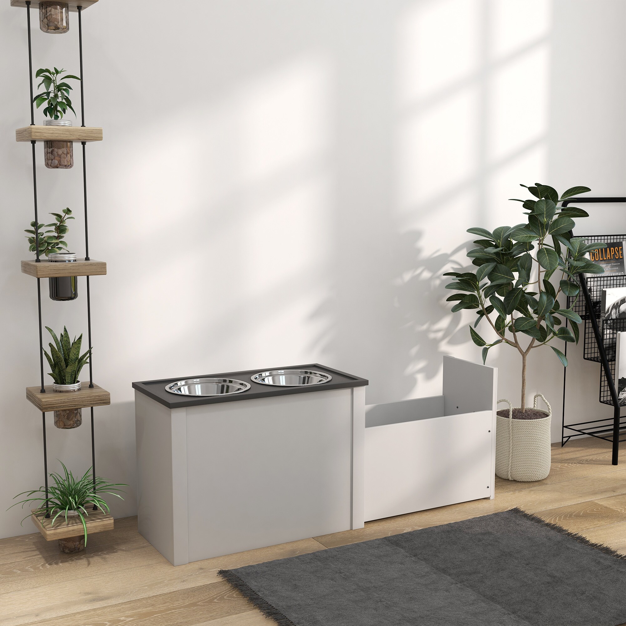 PawHut Erhöhter Futternapf mit abnehmbaren Schalen und Staufach an der Seite weiß 60L x 30B x 42H cm
