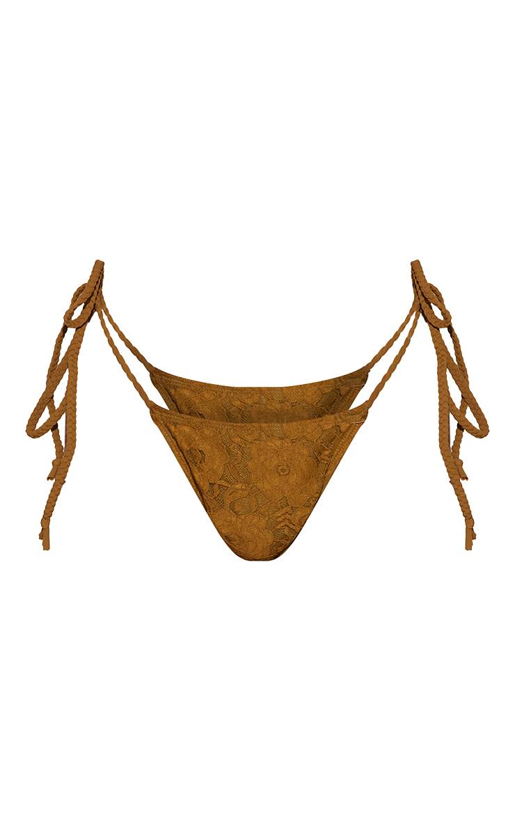 Vert Olive Bas De Bikini Tanga Tressé Avec Superposition De Dentelle