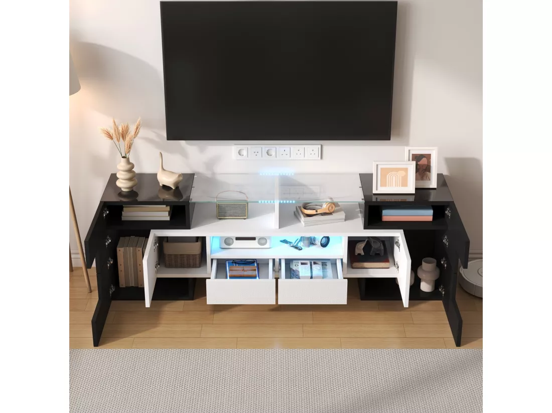 Meuble TV 2 tiroirs 6 portes et 3 niches, avec LEDs, charge max 60kg, Noir+Blanc, 145x30x51cm