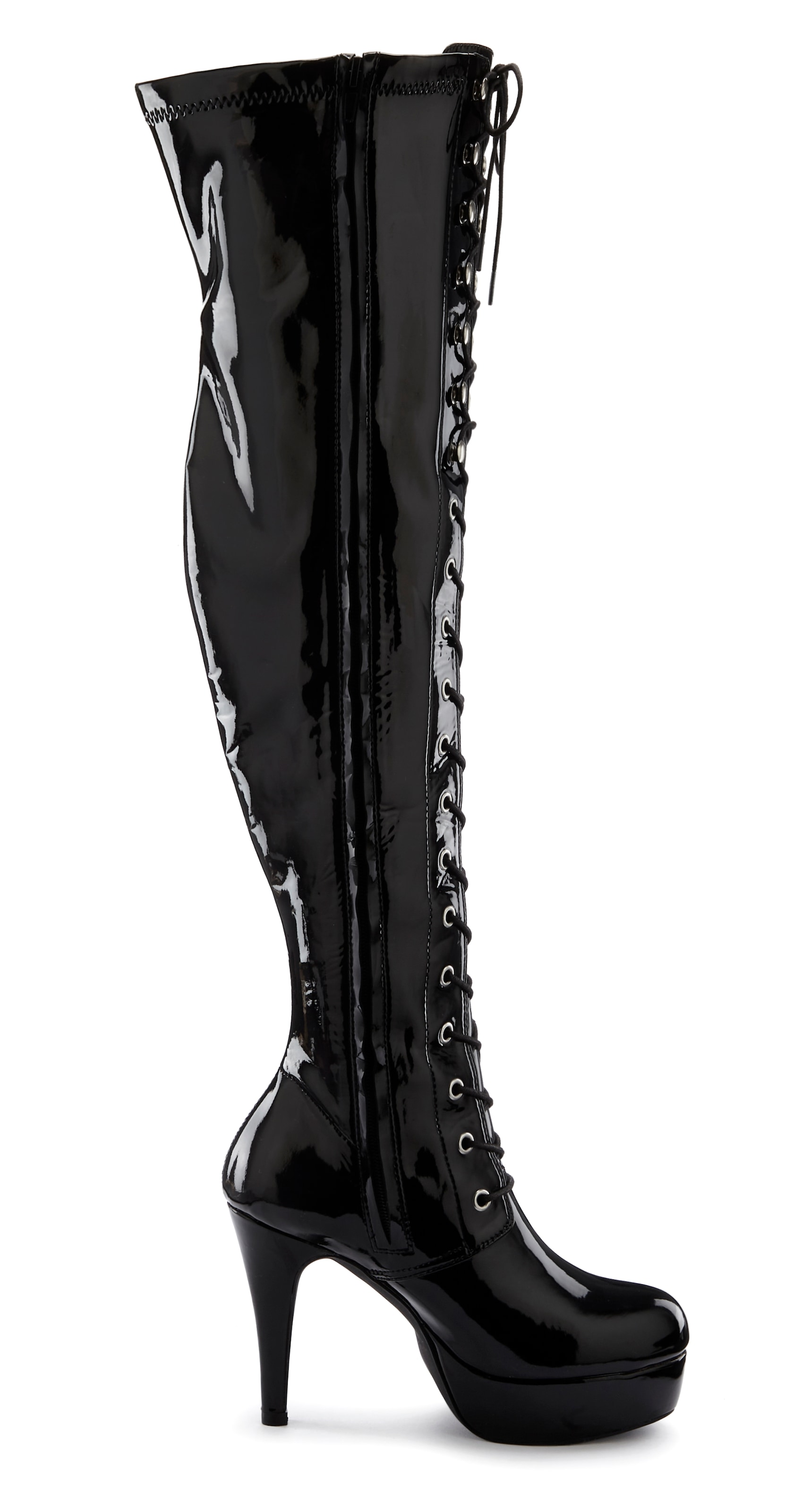 LASCANA Belle Affaire Overkneestiefel »High-Heel-Stiefelette zum Schnüren«  mit Reissverschluss und Plateausohle, erotische Lack-Optik