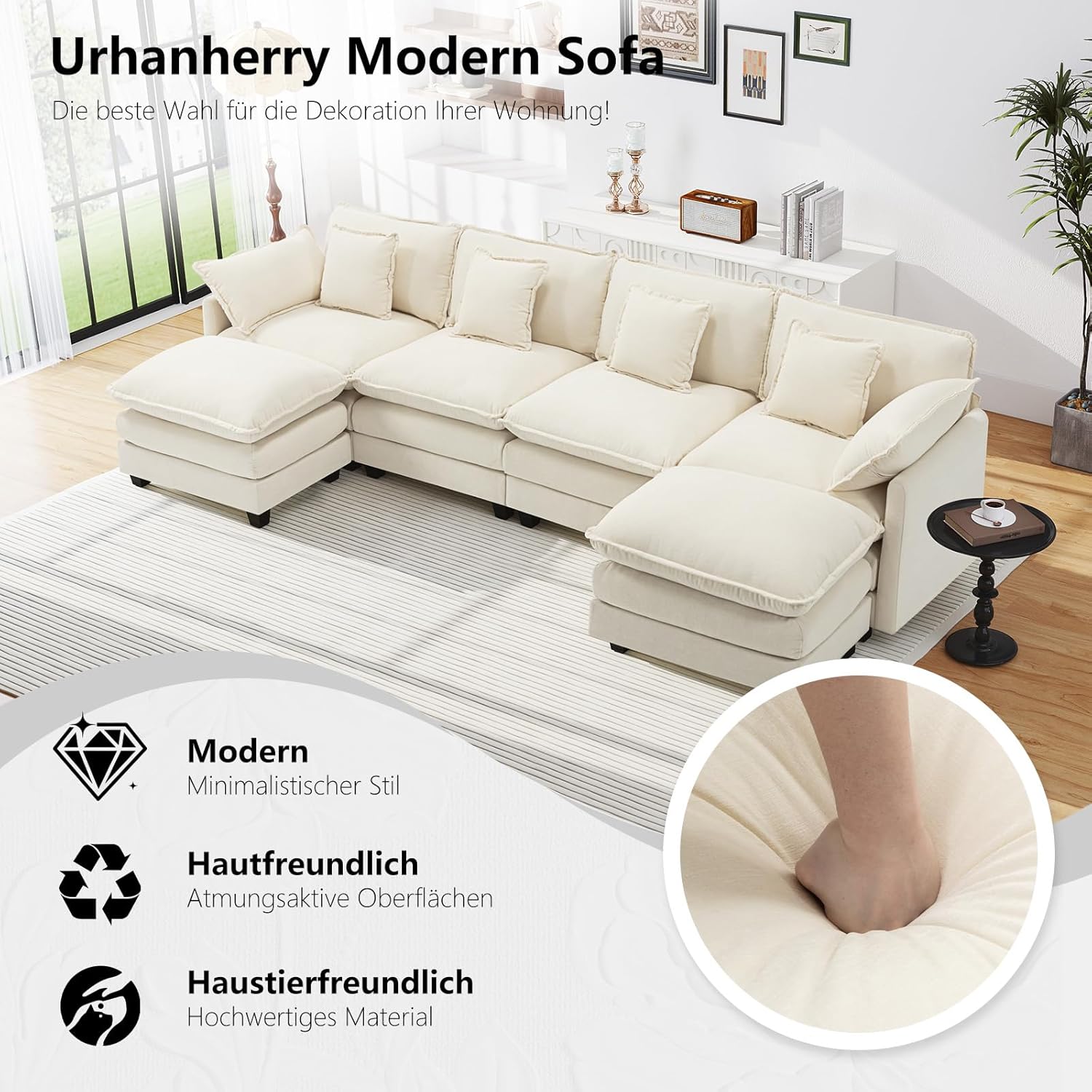 U-Form Cloud Sofa, Modulares Sektionssofa 6-Sitzer mit 2 Ottomanen, Modernes Sofa mit Dekokissen/Armlehnen, Atmungsaktivem Chenille-Stoff, U Sofa Couch für Wohnzimmer, Beige