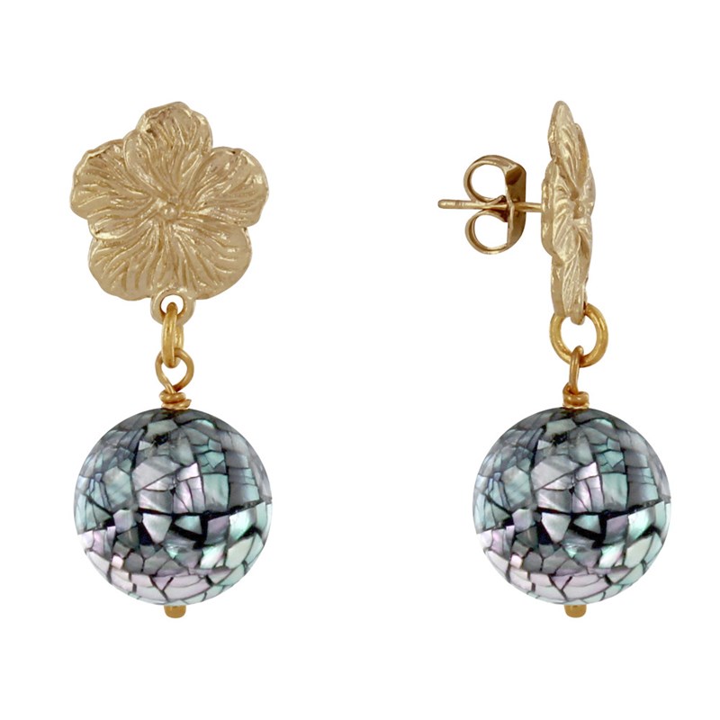 Boucles d'Oreilles Clous Métal Doré Fleur et Perle de Nacre Facettée