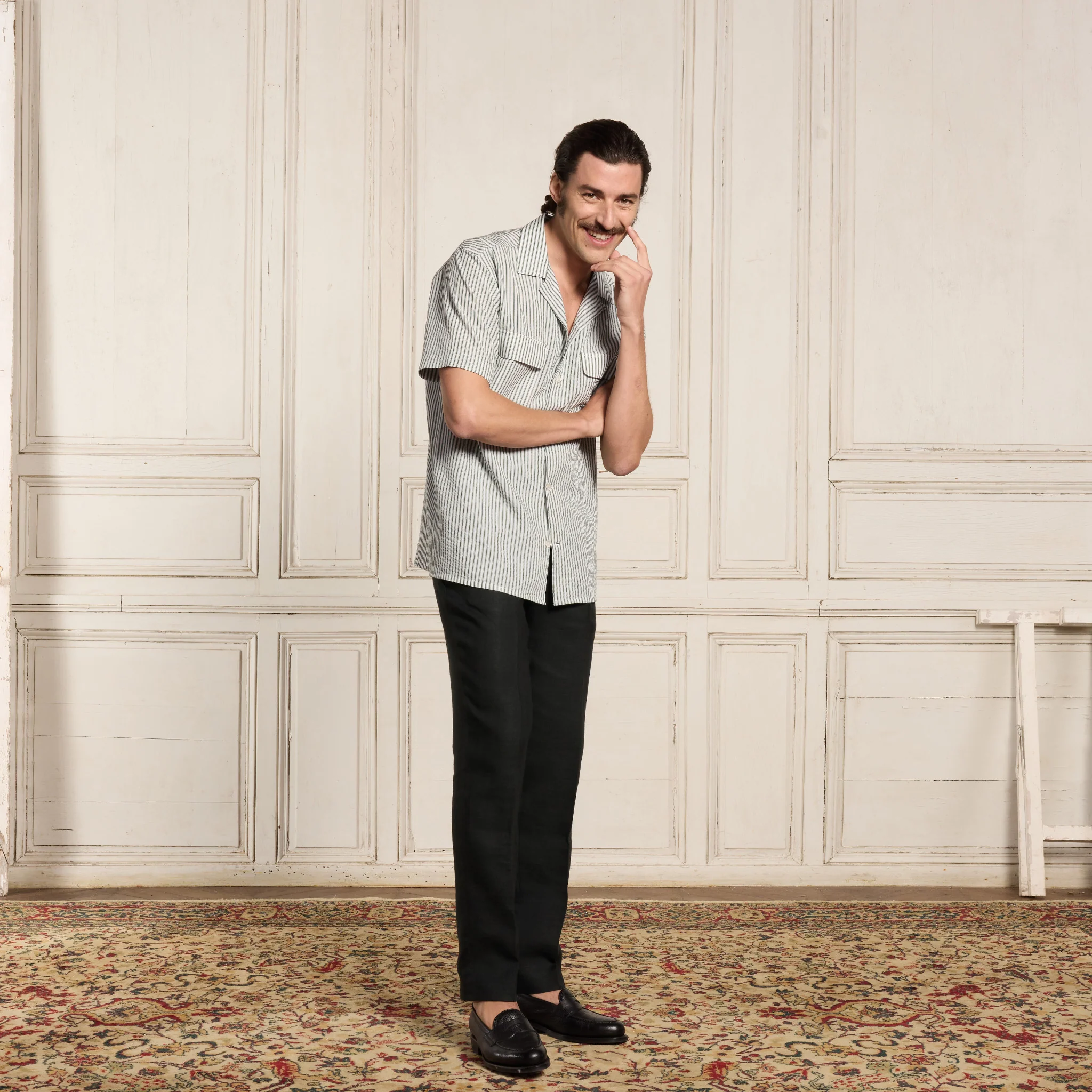 Green Striped Tencel Short Sleeve Shirt