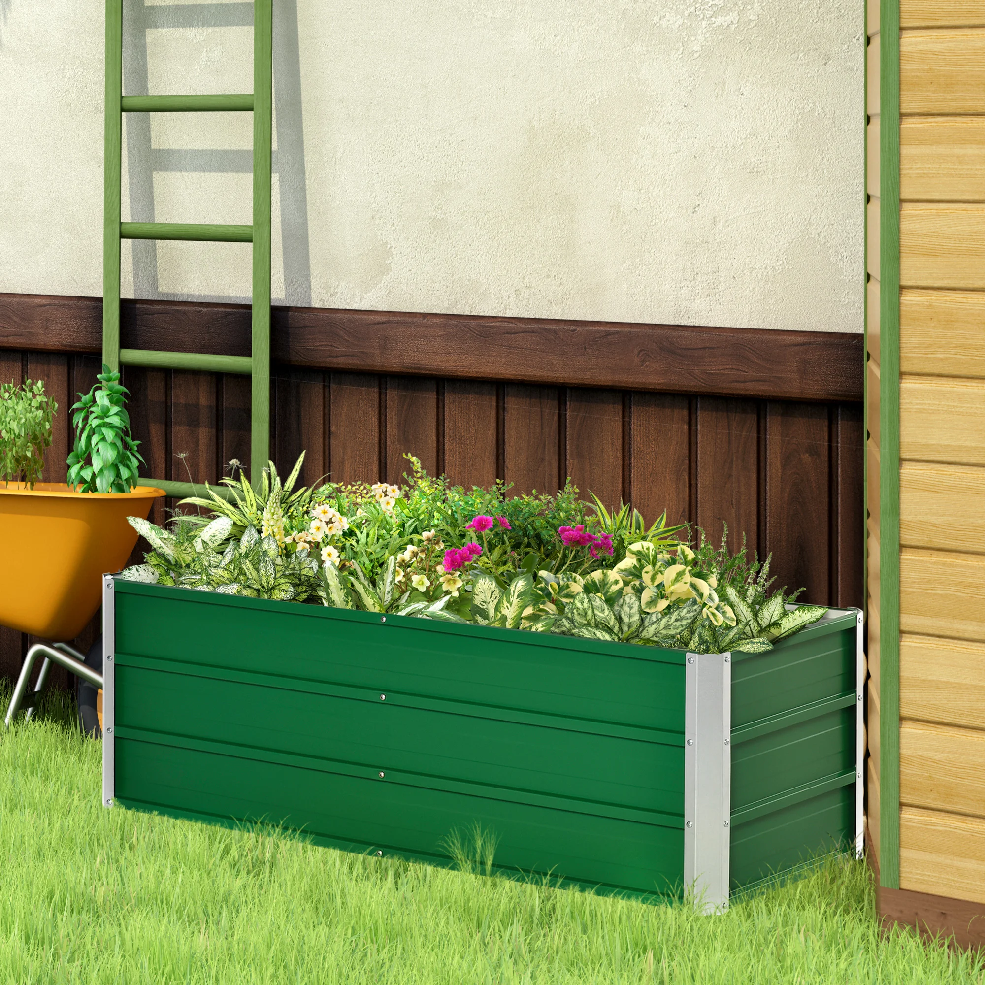 Canteiro Elevado de Aço Outsunny com Luvas, Jardineira Urbana, Vaso Retangular para Cultivo de Plantas e Flores em Terraços e Varandas Externas, 125x47x40 cm, Verde