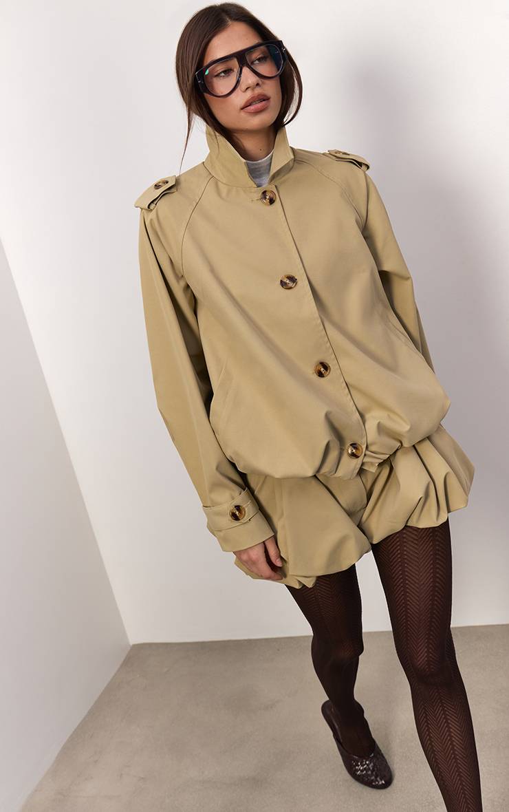 Gris Pierre Veste Trench Courte Coordonnée À Ourlet Bouffant