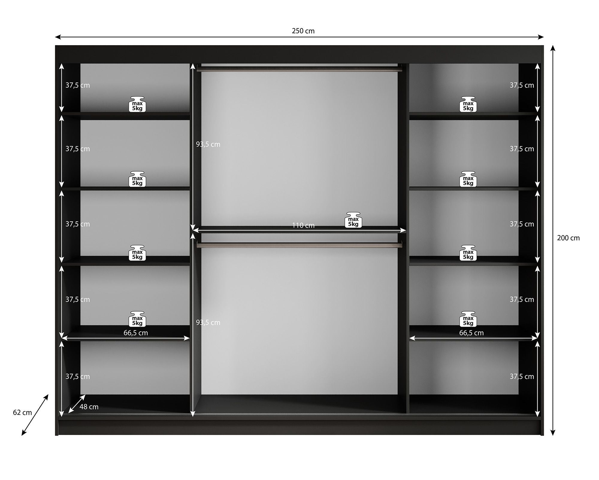 Malavi 2 - Kledingkast met schuifdeuren - Zwart - 250x62x200 cm