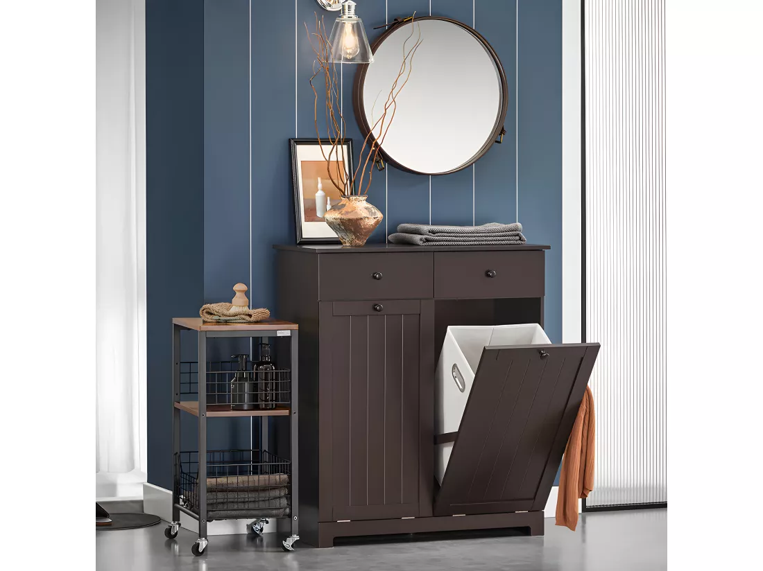 SoBuy Meuble Bas de Salle de Bain Armoire Toilette avec 2 Tiroirs et 2 Paniers à Linge Meuble de Rangement Coffre à Linge L78xP38xH91cm, Marron, BZR33-BR