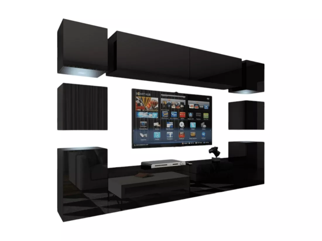 Ensemble de meubles de salon noir suspendus collection CEPTO XIV. 256cm, 10 meubles, 10 portes, leds