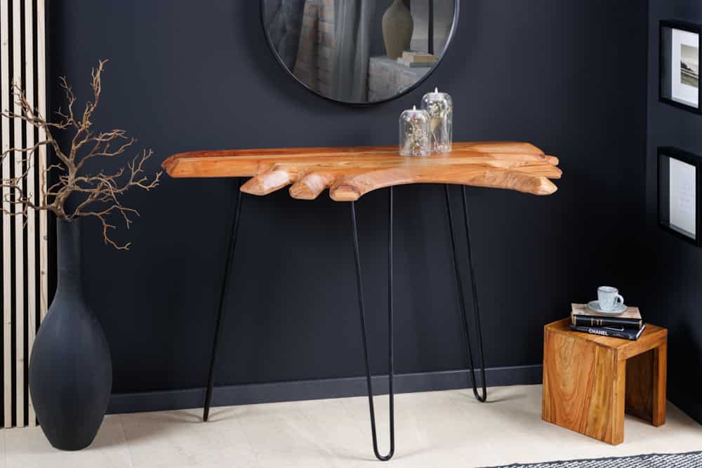 Massivholz Konsolentisch WILD 105cm Akazie natur Hairpin Legs Baumkante