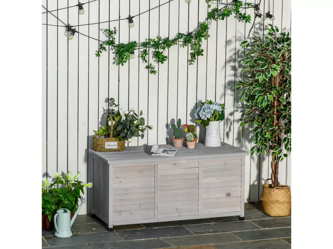 Coffre de rangement extérieur façade persienne - coffre jardin 283L - dim. 127 x 56 x 60cm - bois gris