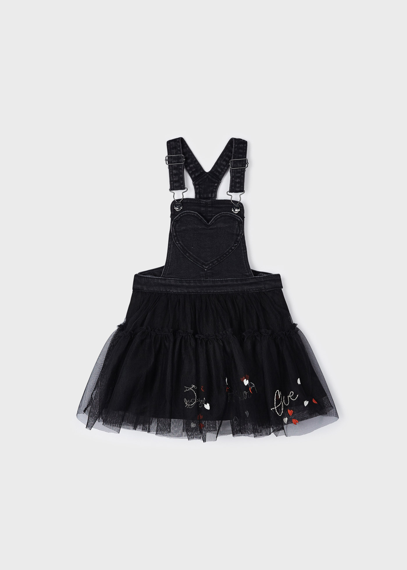 jardineira jeans com saia de tule para meninas