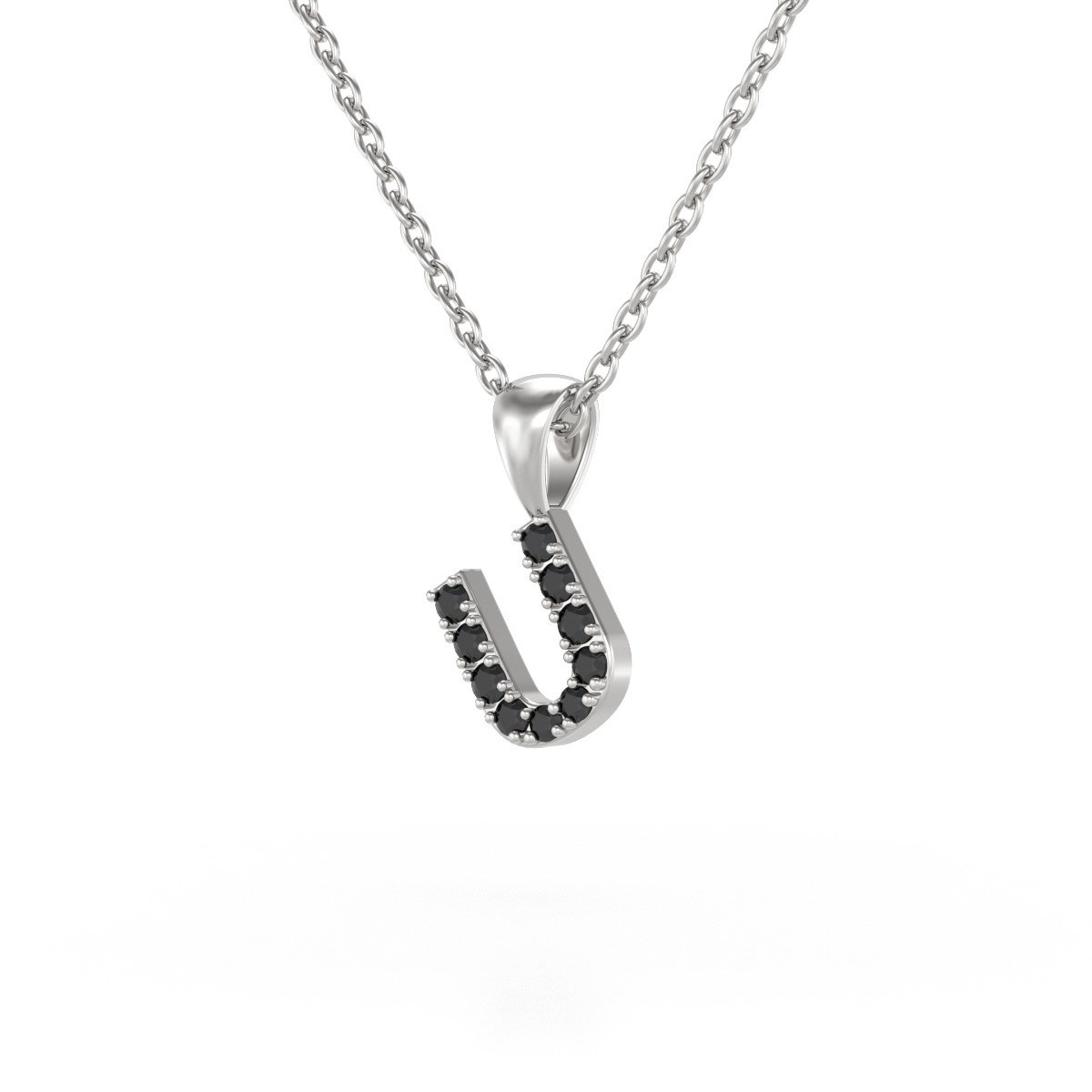Collier Pendentif ADEN Lettre U Or 750 Blanc Diamant Noir Chaine Or 750 incluse 0.72grs
