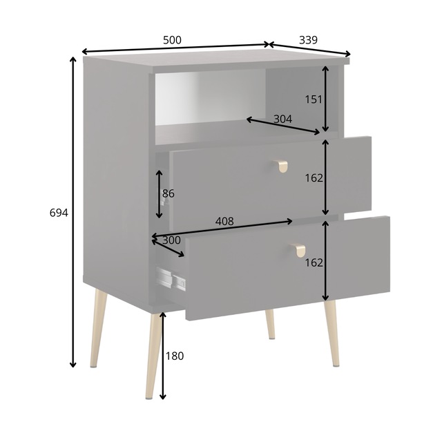 Home affaire Nachttisch »Elyria, Metallgriffe, FSC-zertifizierter Holzwerkstoff« Nachtkommode B/T/H 50/34/69cm,  mit 2 Schubladen, 1 offenes Fach, viele Farben mit goldfb. Details