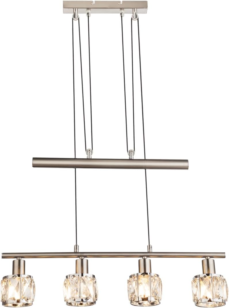 meineWunschleuchte Höhenverstellbare Balkenpendelleuchte mit vier Kristall Glasschirmen, Silber matt Breite 60cm