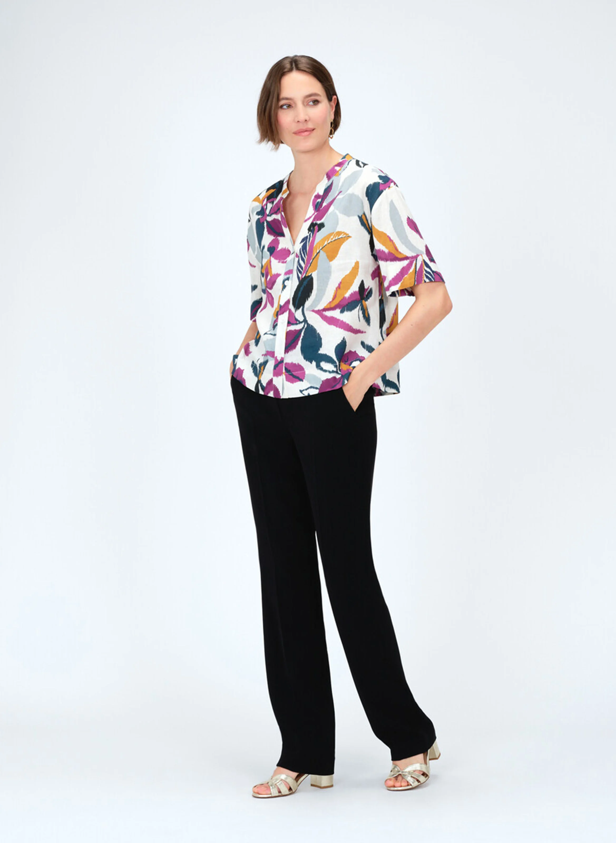 CAROLA2 - Chemise ample col tunisien en lin mélangé | Violet