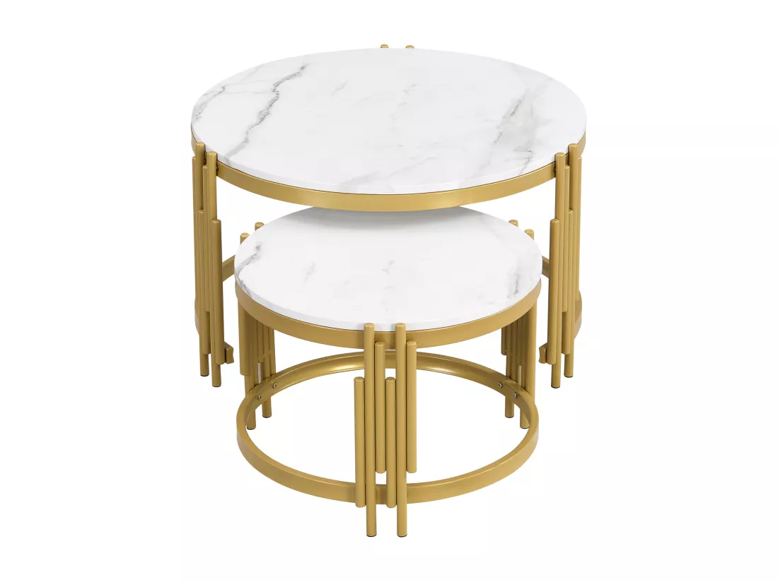Lot de 2 table basse gigogne, table ronde, aspect marbre, structure en métal doré, D71,5x44+P51,5x37cm Blanc