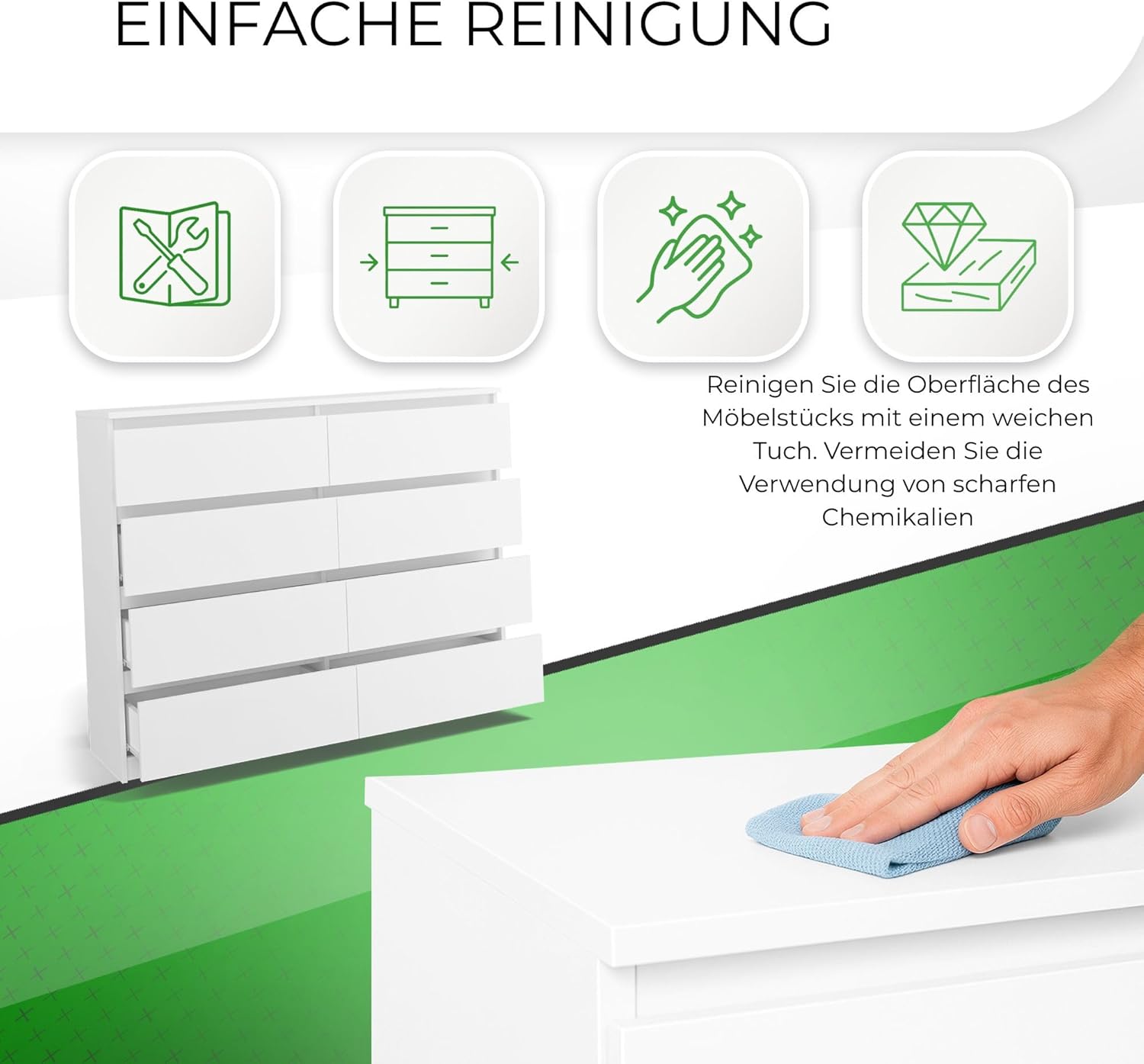 CDF Kommode Weiß mit 8 Schubladen 40 cm Tief Komodenschrank Komode für Wohnzimmer Schlafzimmer Schubladenschrank Malm Kommode viel Stauraum Geeignet Organizer Kleidung 120 cm Breite Modern Look
