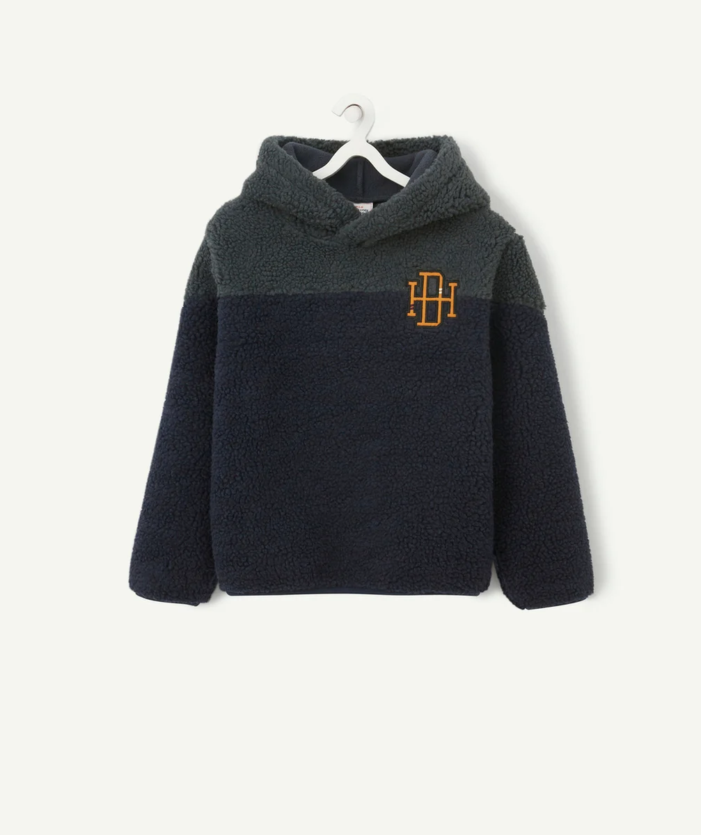 SWEAT À CAPUCHE EN SHERPA BLEU MARINE ET VERT GARÇON