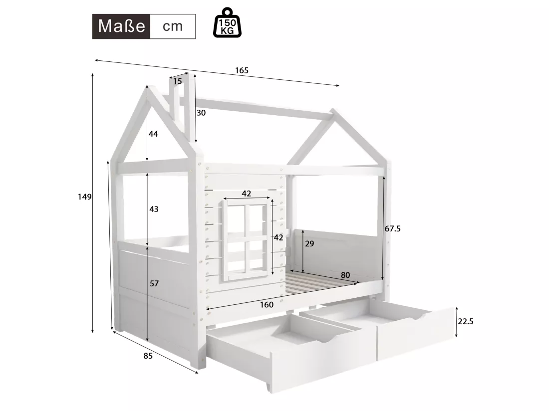 Lit cabane 80x160 cm avec 2 tiroirs - en forme de maison - en bois massif - Blanc