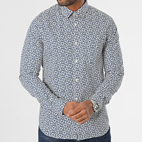 Chemise Manches Longues Slim SIL419 Blanc Bleu Marine