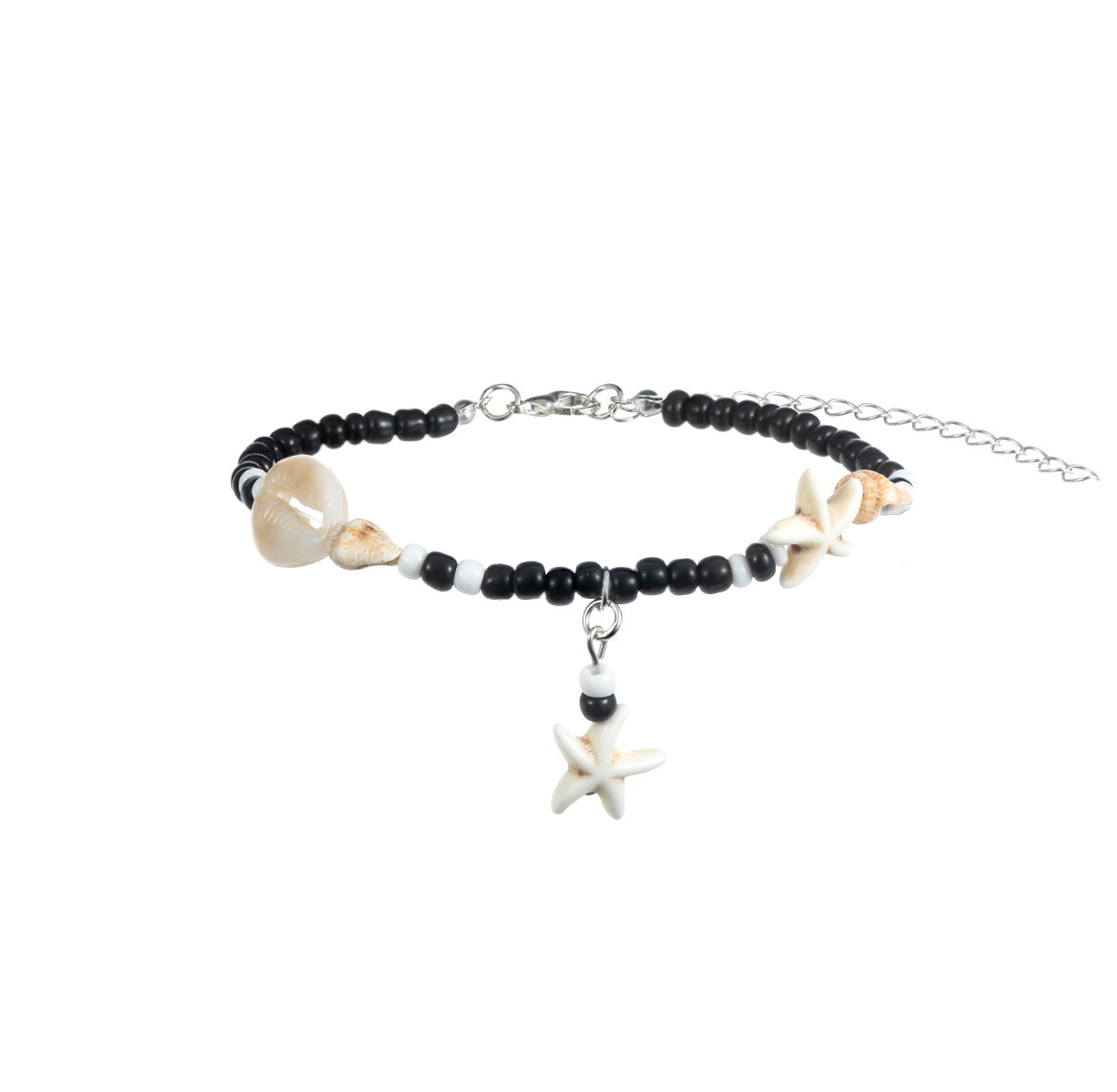 (210-280mm) Perlen Fusskette Muschel Modeschmuck Sommer Anklet Boho Fuss Kettchen mit Seestern Anhänger - Schwarz / Beige