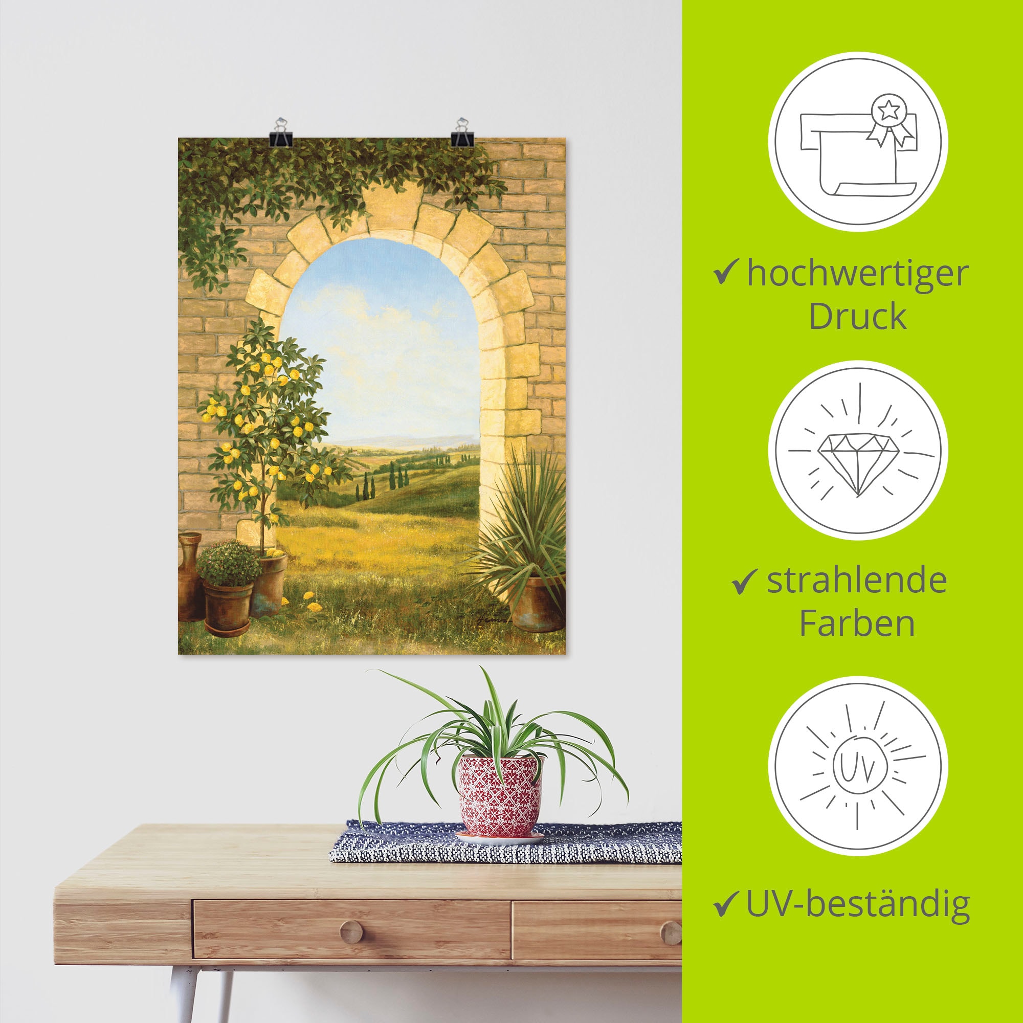 Artland Wandbild »Zitronenbaum vorm Torbogen II« Fensterblick 1 Stk. tlg. als Alubild, Outdoorbild, Leinwandbild, Poster in verschied. Grössen