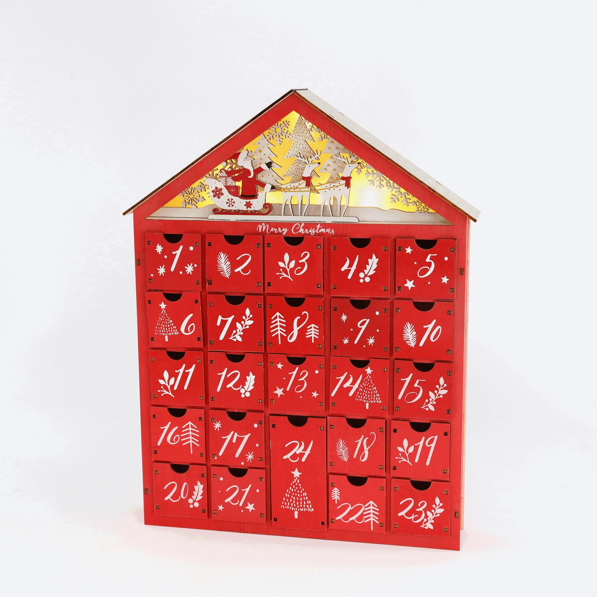 Holz DIY Adventskalender zum Befüllen Weihnachts Haus mit Schubladen   Beleuchtung (Batteriebetrieben) - Rot