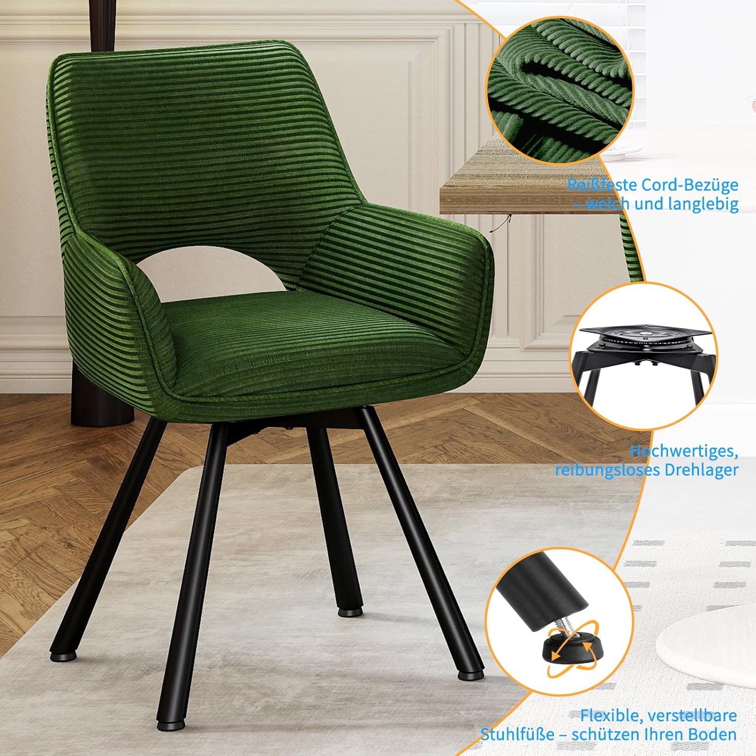Esszimmerstühle 6er Set Drehbar 360°,Armlehnstuhl mit Metallbeine,geeignet als Stühle Esszimmer,Samt Stuhl,Küchenstühle,Wohnzimmerstuhl,Polsterstuhl mit Samtigem Gefühl,Grün