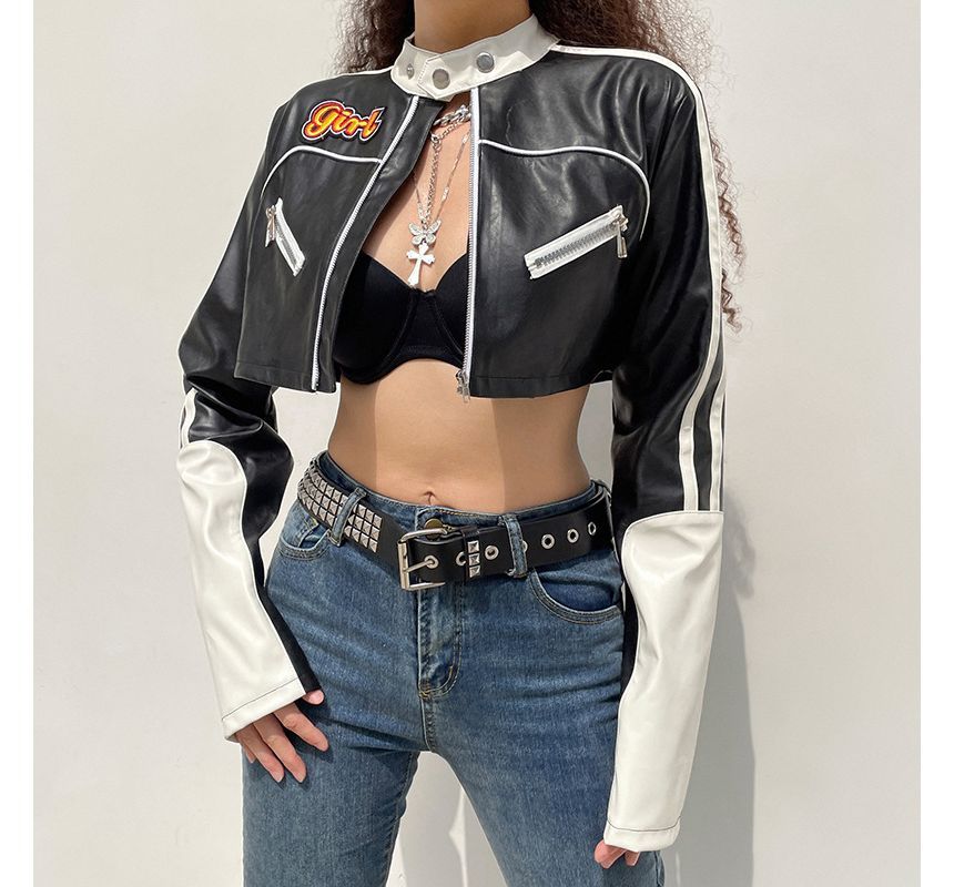 PolkaBella - Mock Neck Lettering Applique Kunstleren Cropped Bikerjack met Ritssluiting