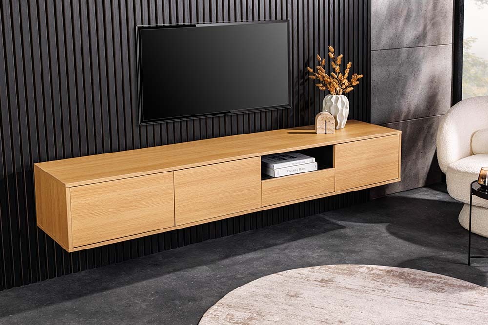 Hängendes TV-Board LOFT 200cm natur schwarz sieben Fächer mit Schublade
