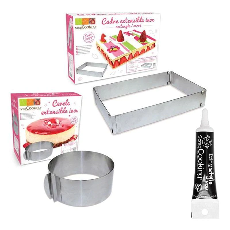 2 cadres pâtisserie extensibles cercle & rectangle + Stylo glaçage noi