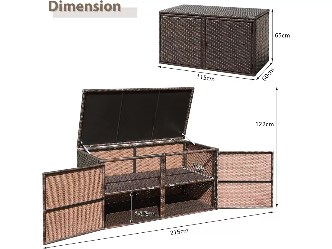 Coffre de Rangement Jardin 335L en Rotin et fibre naturelle PE, Charge Max. 120 kg, Cadre en Acier avec 2 Etagères 115 x 60 x 65 CM（Marron）
