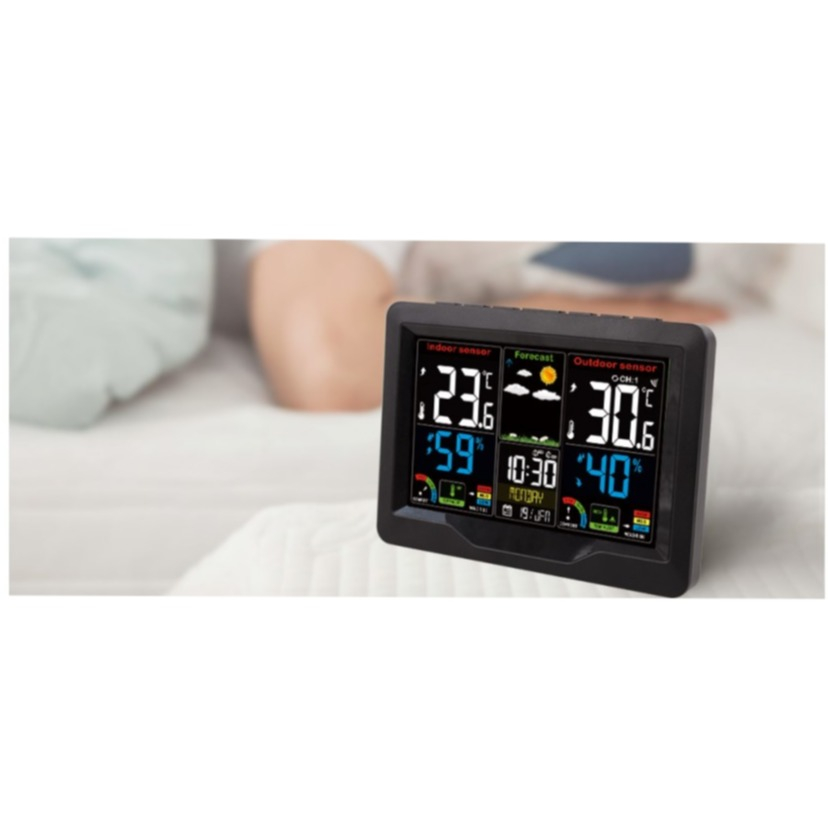 (2-tlg. Set) Wireless Wetterstation Digital Thermometer / Hygrometer / Wecker mit Wettervorhersage   Aussensensor (Batteriebetrieben) - Schwarz