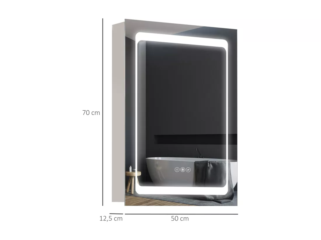 Armoire murale miroir lumineux LED 2 en 1 - 3 étagères - lumière réglable, interrupteur tactile - dim. 50L x 12,5P x 70H cm - acier inox.