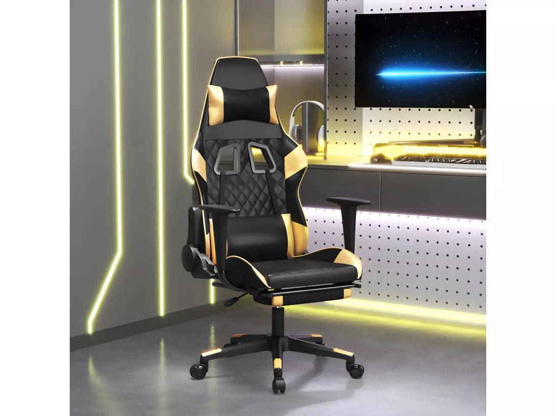 Chaise de jeu de massage avec repose-pied Noir&Doré Similicuir