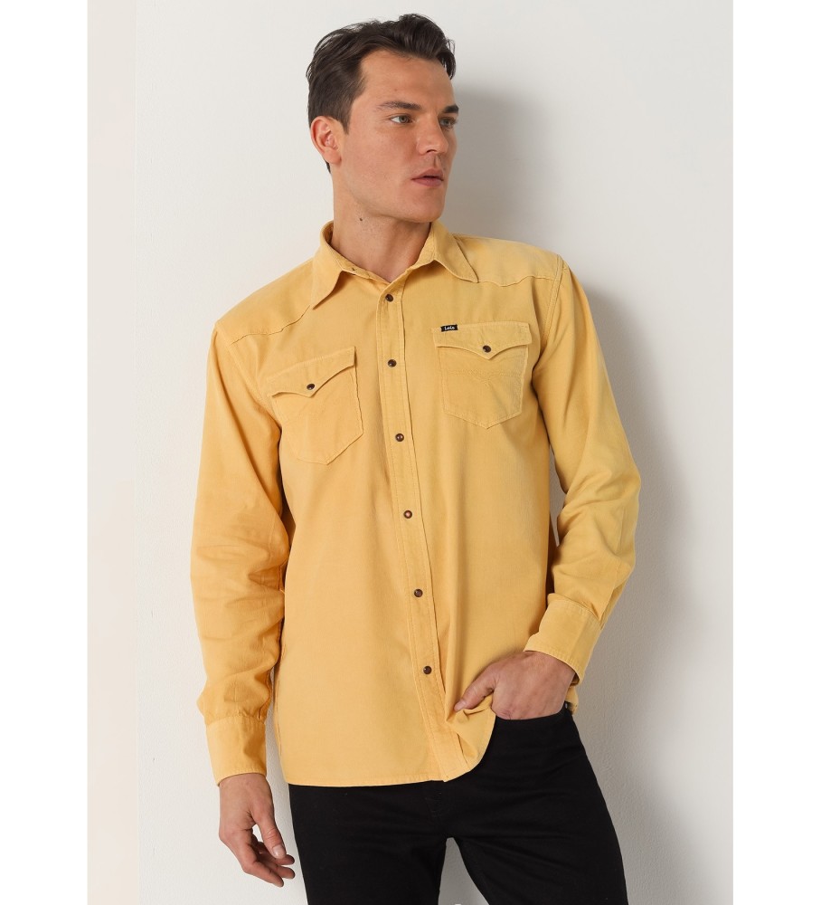 Camisa Lois Amarela de Manga Comprida em Micro Veludo Cotelê