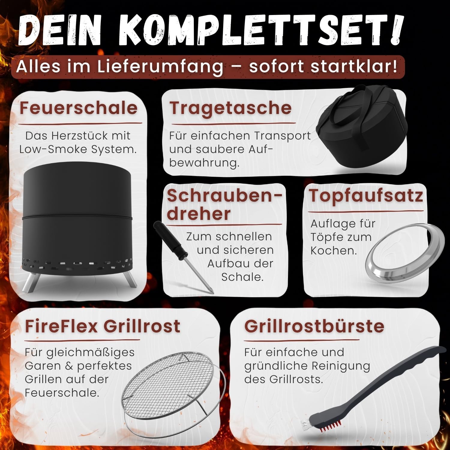 Heimfleiss® Rauchfreie Feuerschale Edelstahl Ø50cm | Feuerkorb mit Grillrost | Feuerschale Rauchfrei für Garten, Camping, Balkon & Terrasse | Rauchfreie Feuerstelle mit Grill | Feuertonne ohne Rauch