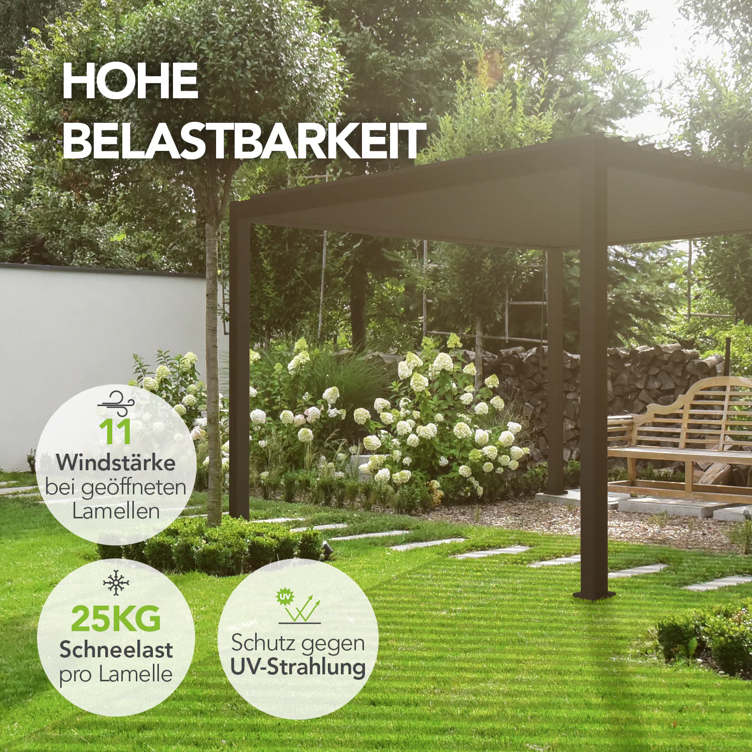 PergoLine Trumpf Terrassenüberdachung freistehend mit einstellbarem Stahl-Lamellendach I Pfosten aus Aluminium | Pavillon 3 x 3 Meter anthrazit