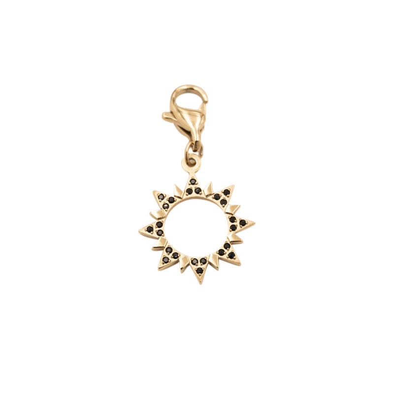 Charm soleil en acier doré orné de strass noirs