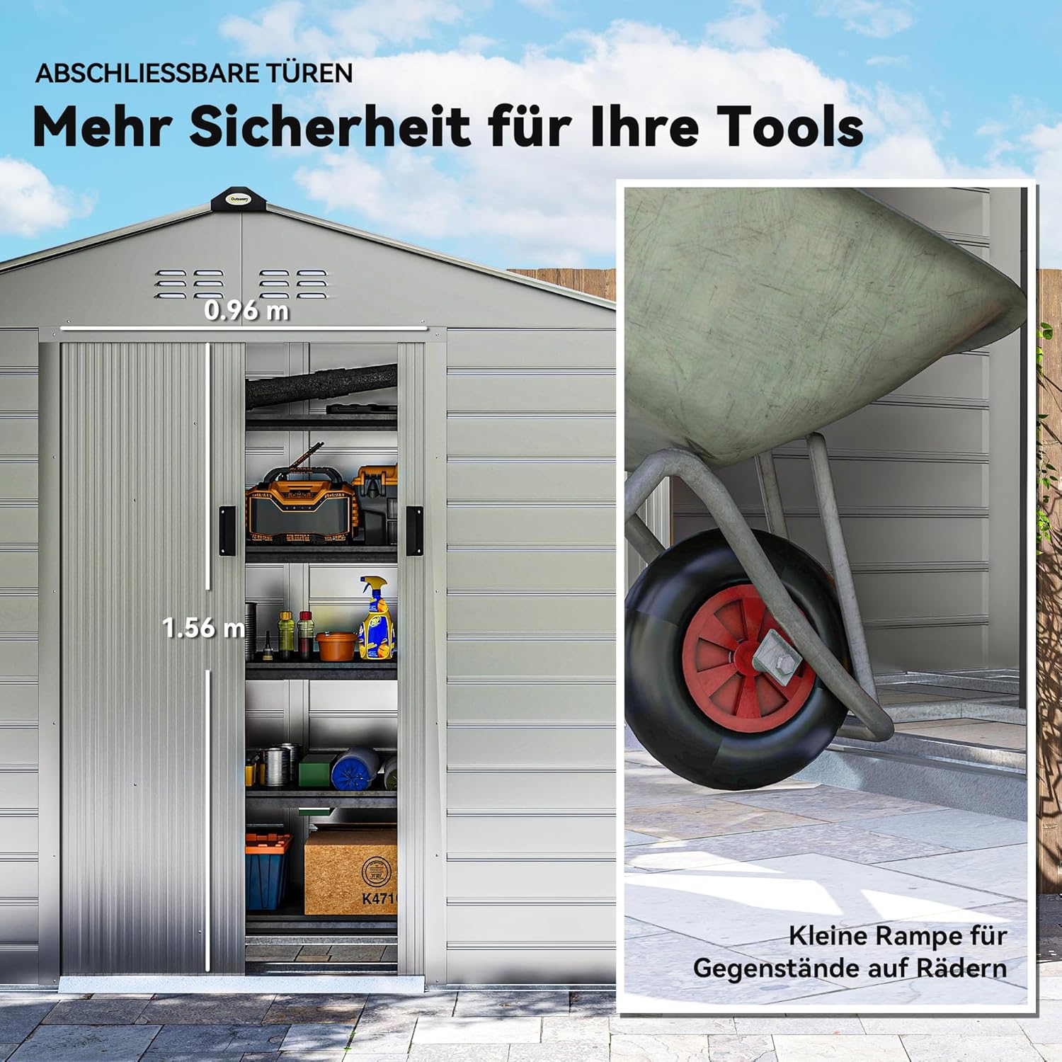 Outsunny Verzinkter Stahl Gerätehaus 2,43㎡ 213x131x192cm Einfach Montage Geräteschuppen mit Satteldach, Abschließbarer Schiebetür, wetterfest Gartenhaus, Outdoor Garten Schuppen für Außenbereich, Grau