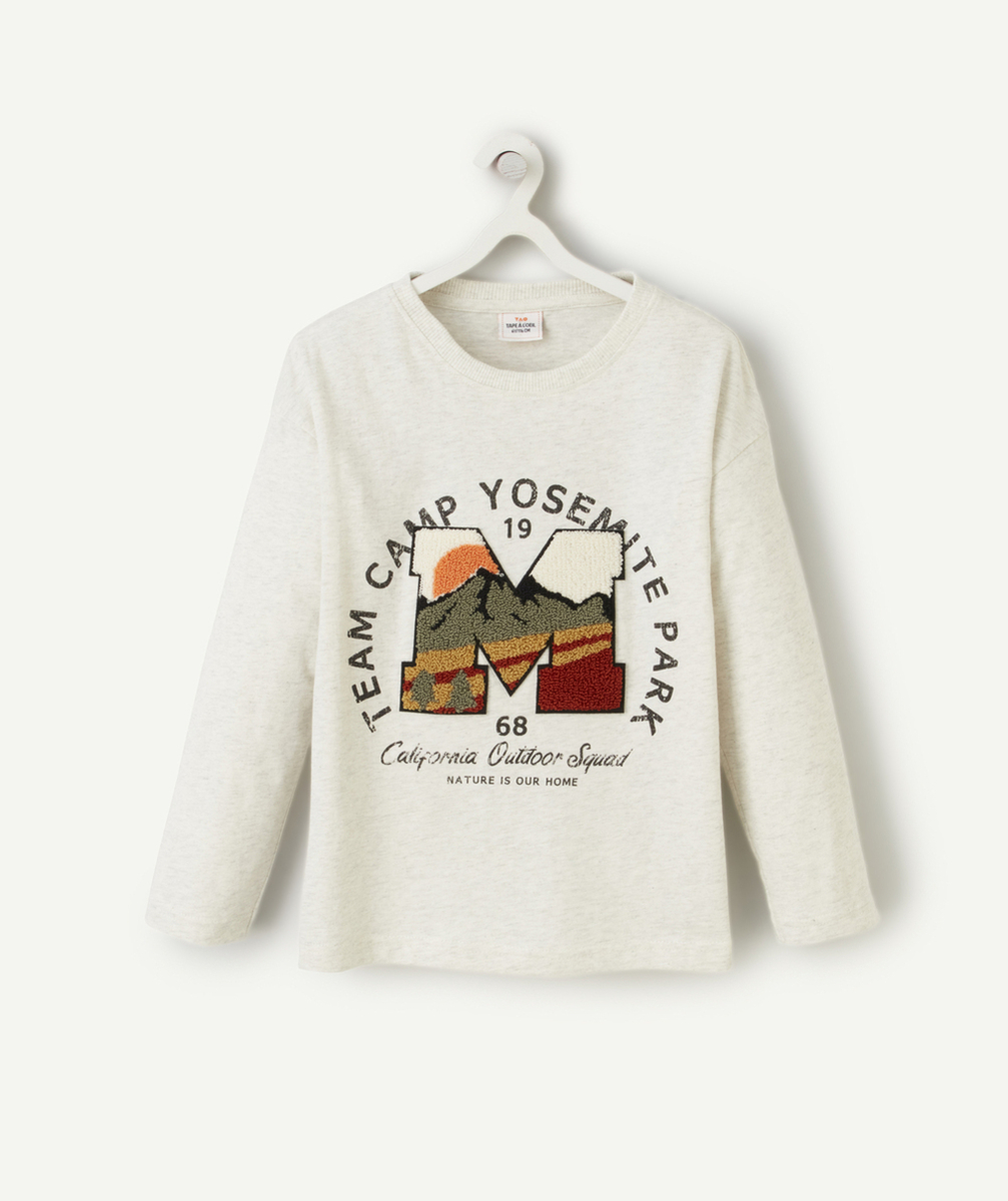 T-SHIRT GARÇON EN COTON BIO GRIS ET LETTRE EN BOUCLETTE MONTAGNE