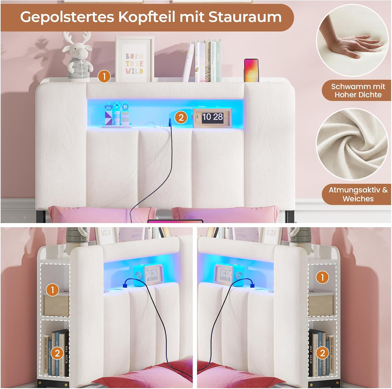 AOGLLATI Polsterbett 90x200 cm mit 2 Schubladen Bett 90x200 mit Stauraum Jugendbett mit LED-Beleuchtung und Ladestation Einzelbett mit Multifunktionales Kopfteil-Ohne Matratze,Beige Samt