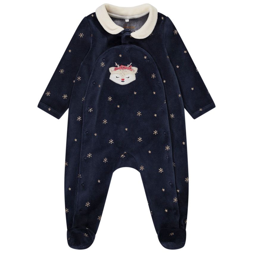 Dors-bien en velours imprimé flocons pour bébé fille avec ouvertures différentes selon l'âge - Bleu marine
