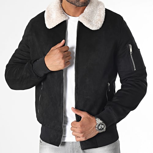 Bomber Suédine Col Mouton Noir