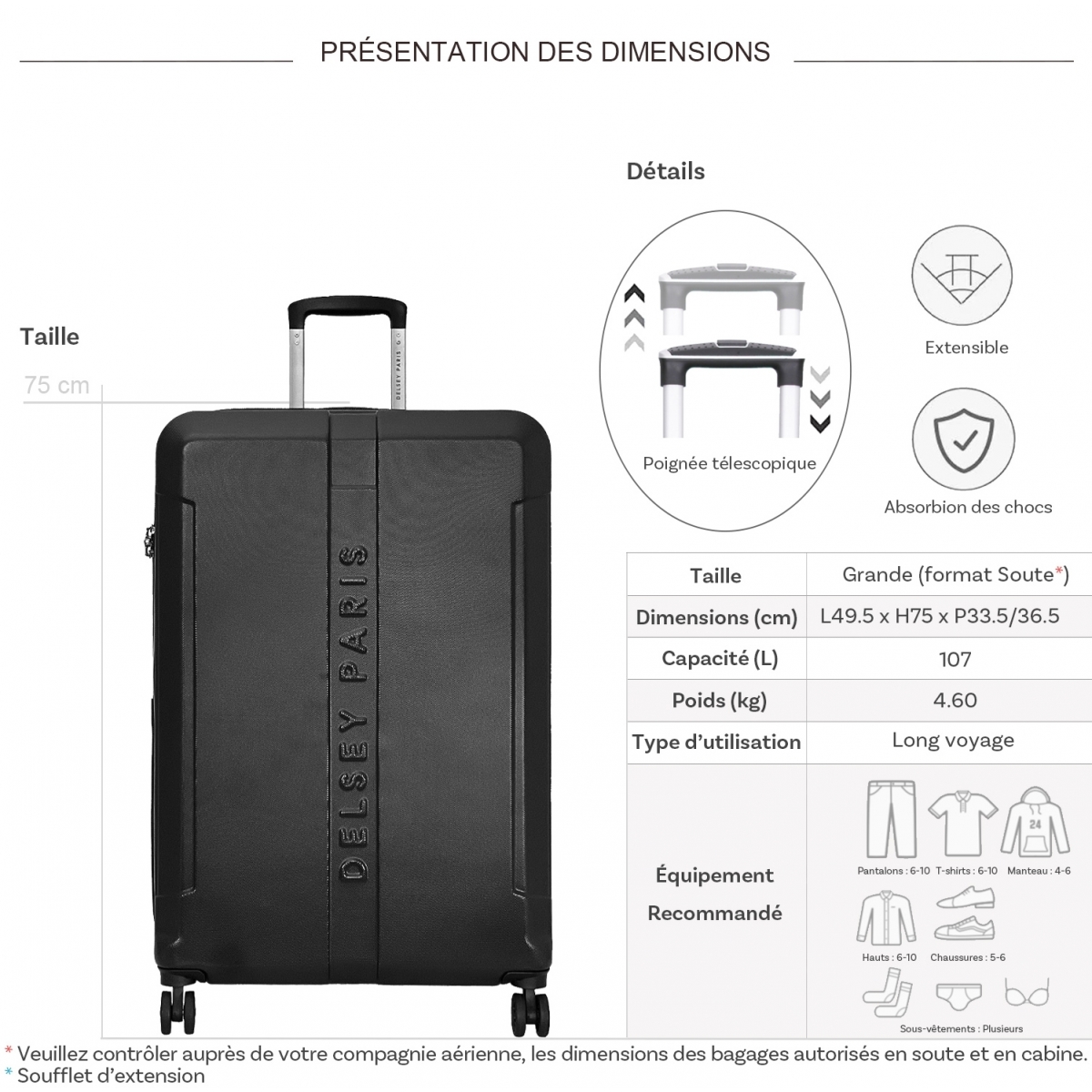 Delsey Grande valise rigide extensible Delsey Départ TSA 75cm