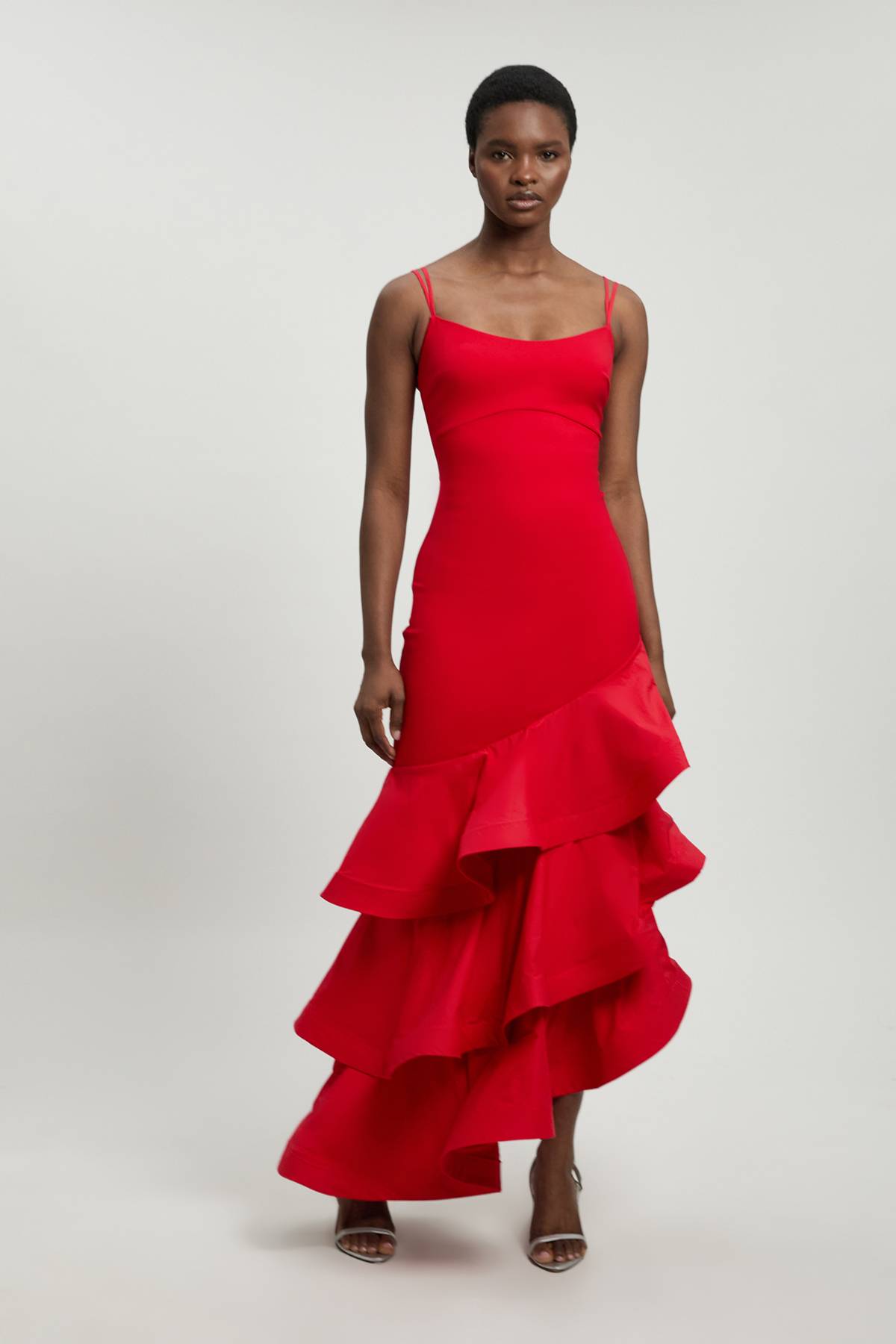 KarenMillen Robe Maxi en jersey Ponte de coton à ourlet à volants