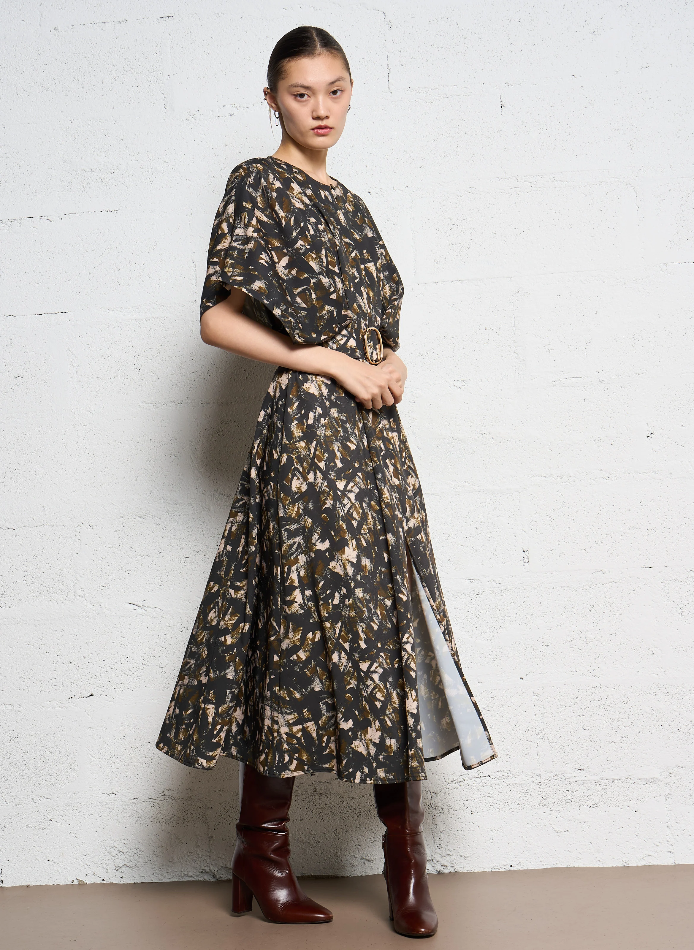 Robe midi col rond imprimé | Multicolore